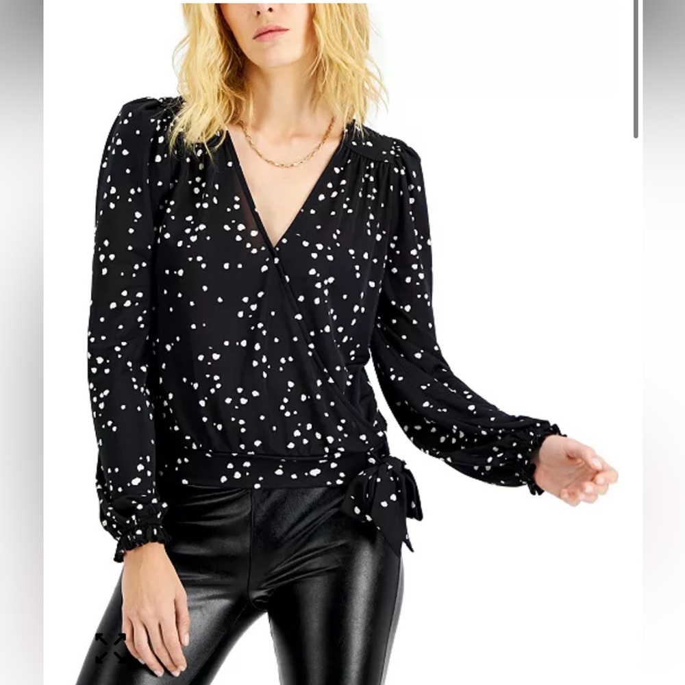 INC International Concepts (Macy’s) Wrap Tie V Neck Top Black/White Size L
